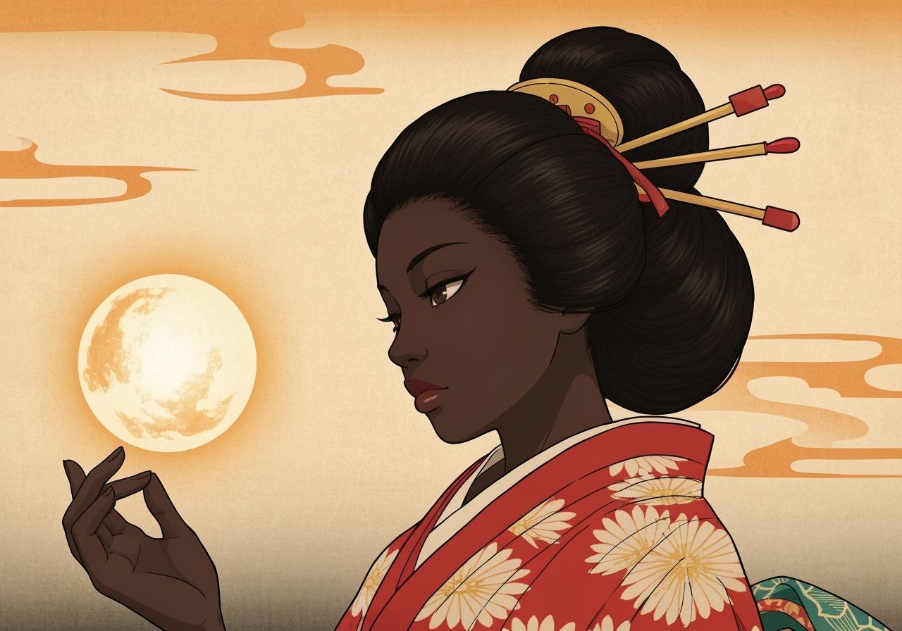Anime Style Black Woman in Kimono, Ukiyo-e Inspired