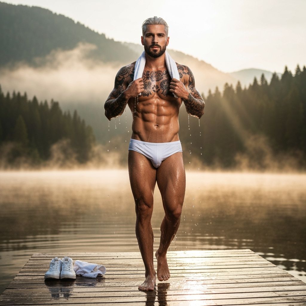 Muscular Man Emerges from Alpine Lake at Sunrise