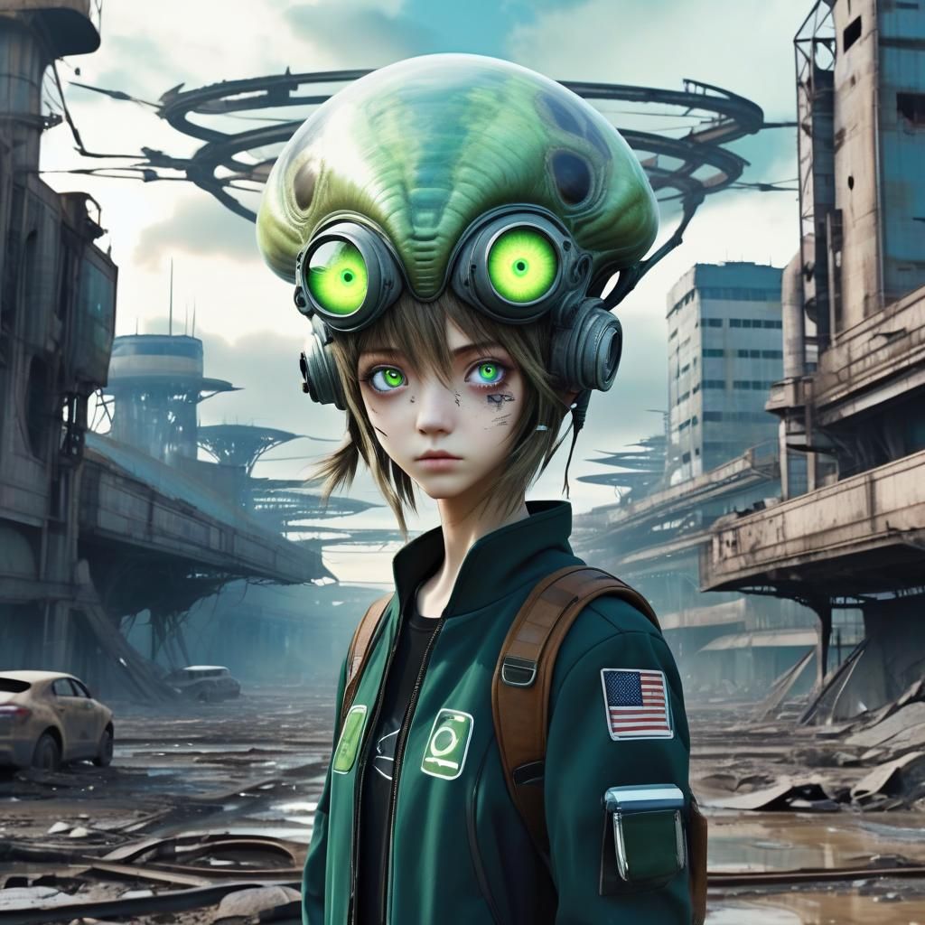 Anime Alien in Dystopian Sci-Fi Landscape