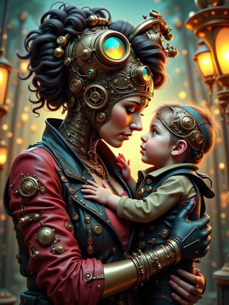 Steampunk Grandmother with Grandchild, Detailed Matte Painti...