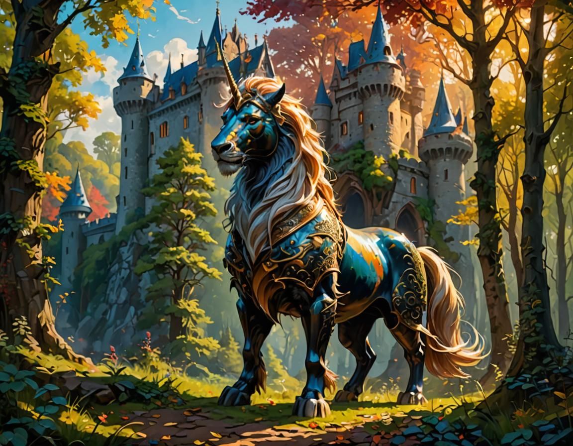 Magical Chimera in Forest as Oil Painting