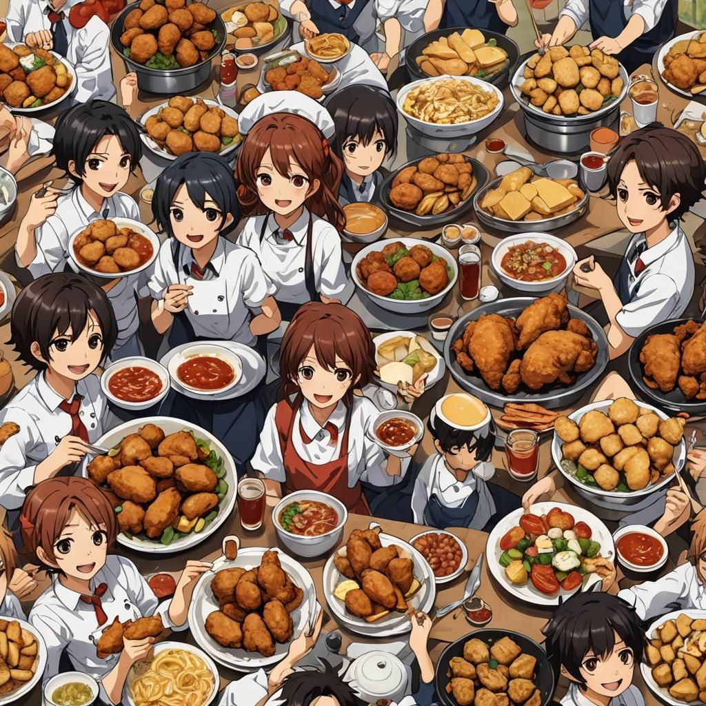 Anime Style: Fried Chicken Feast with Friends