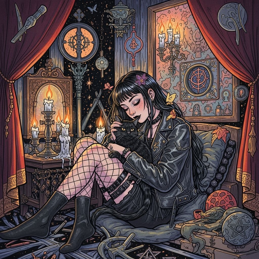 Goth Girl with Cat in Surreal Astral Bedroom