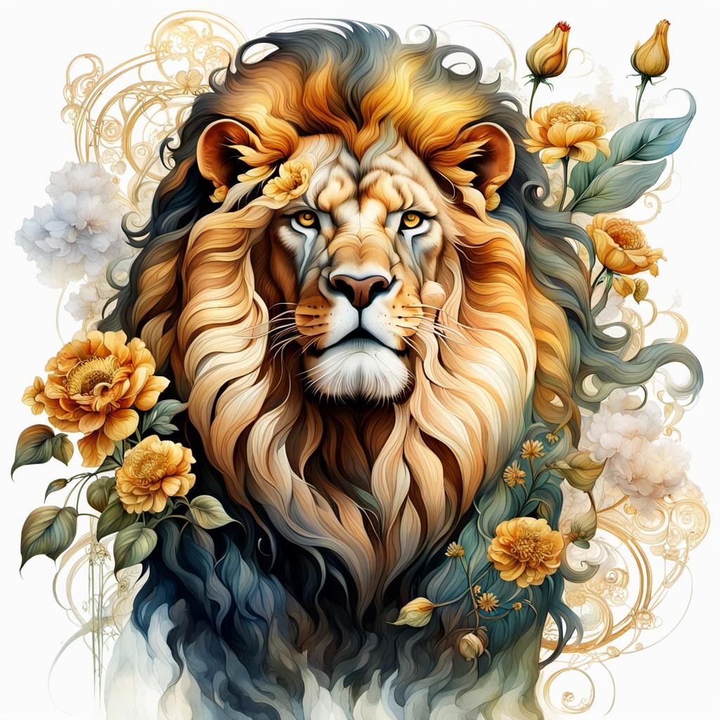 Art Nouveau Steampunk Lion Roaring in Golden Oil