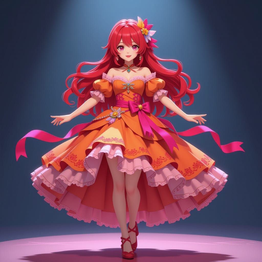 Woman in Orange Dress, 3D Anime Aesthetic