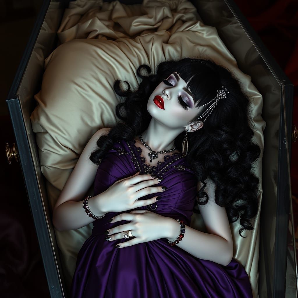 Gothic Sleeping Beauty in Glass Coffin, Dramatic Lighting