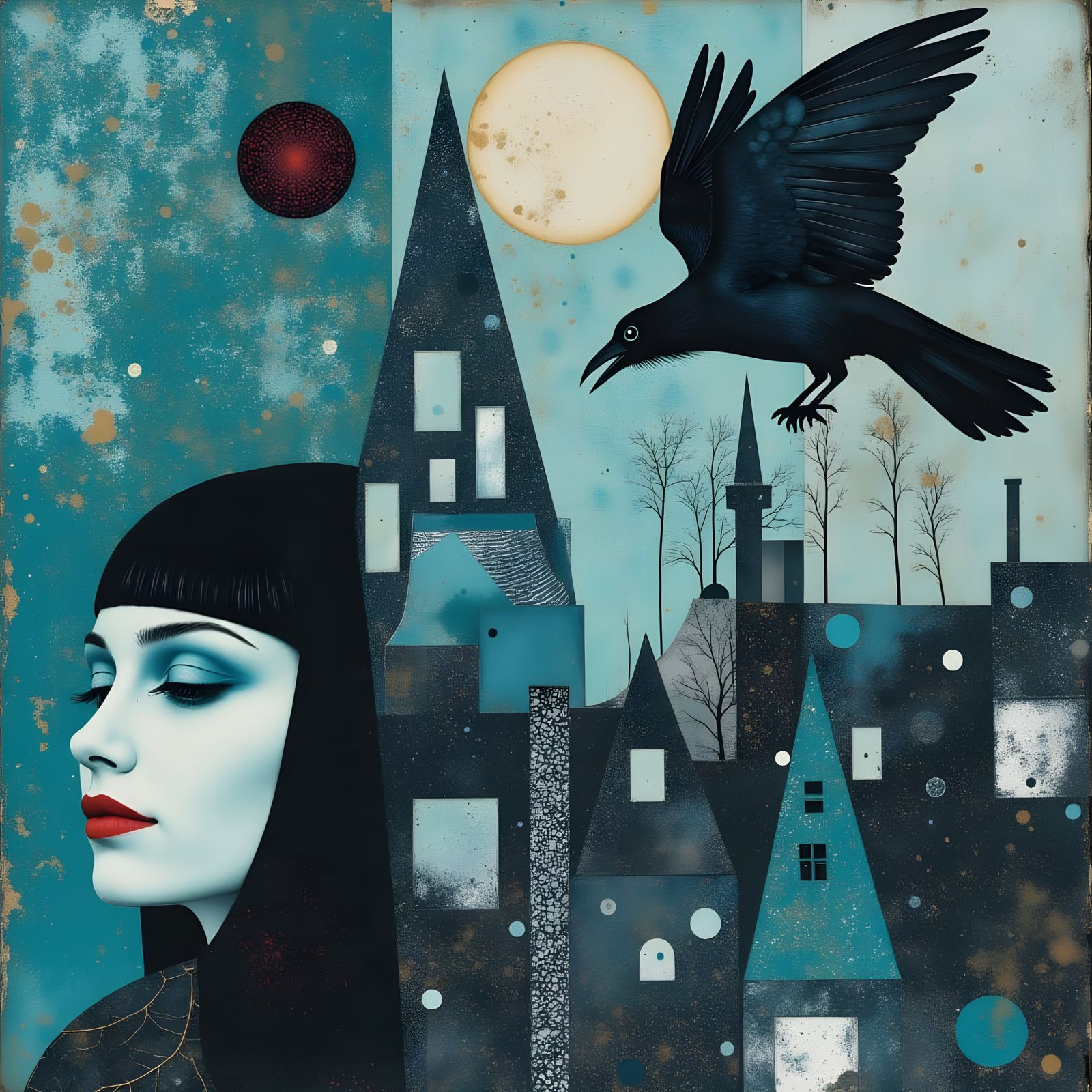 Surreal Women Transformed into Ravens in Abstract Expression...