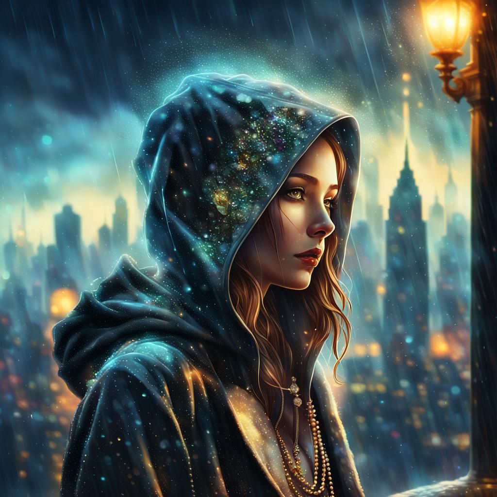 hazy silhouette of a beautiful woman in a light rain, city backdrop, the street is shimmering in the glow of dimly lit w...