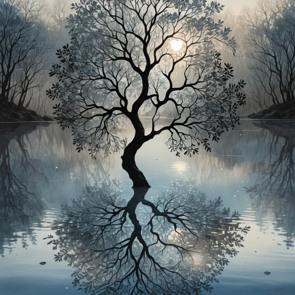 Silver Pond Reflection: Watercolor Fantasy Concept Art