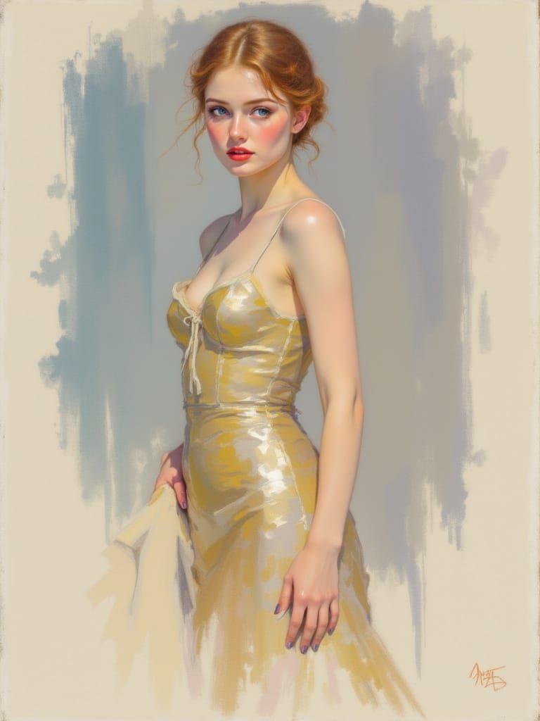 Pin-Up Woman in Gold Dress, Soft Pastel Style