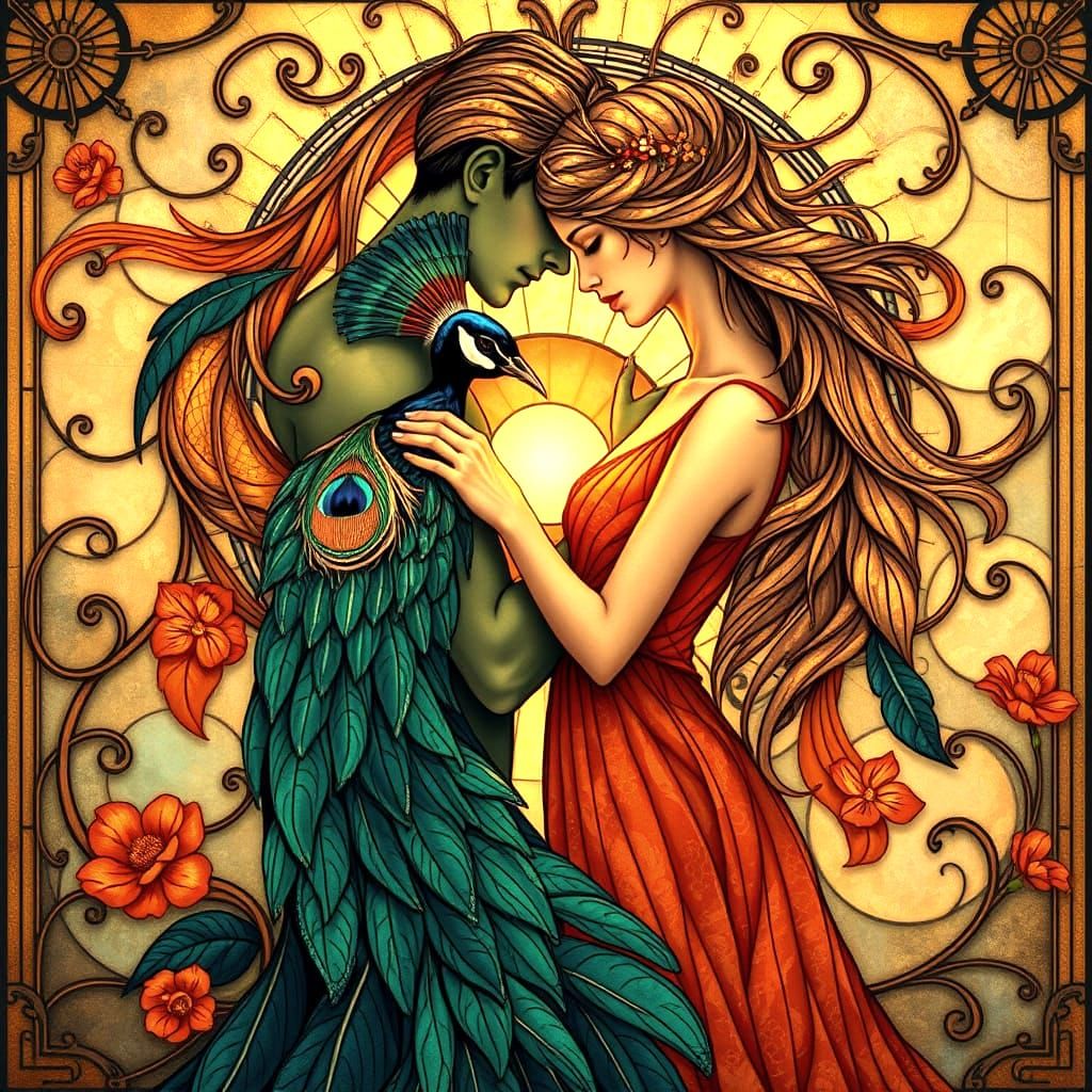 Surreal Art Nouveau Landscape with Lovers Dancing in Digital...