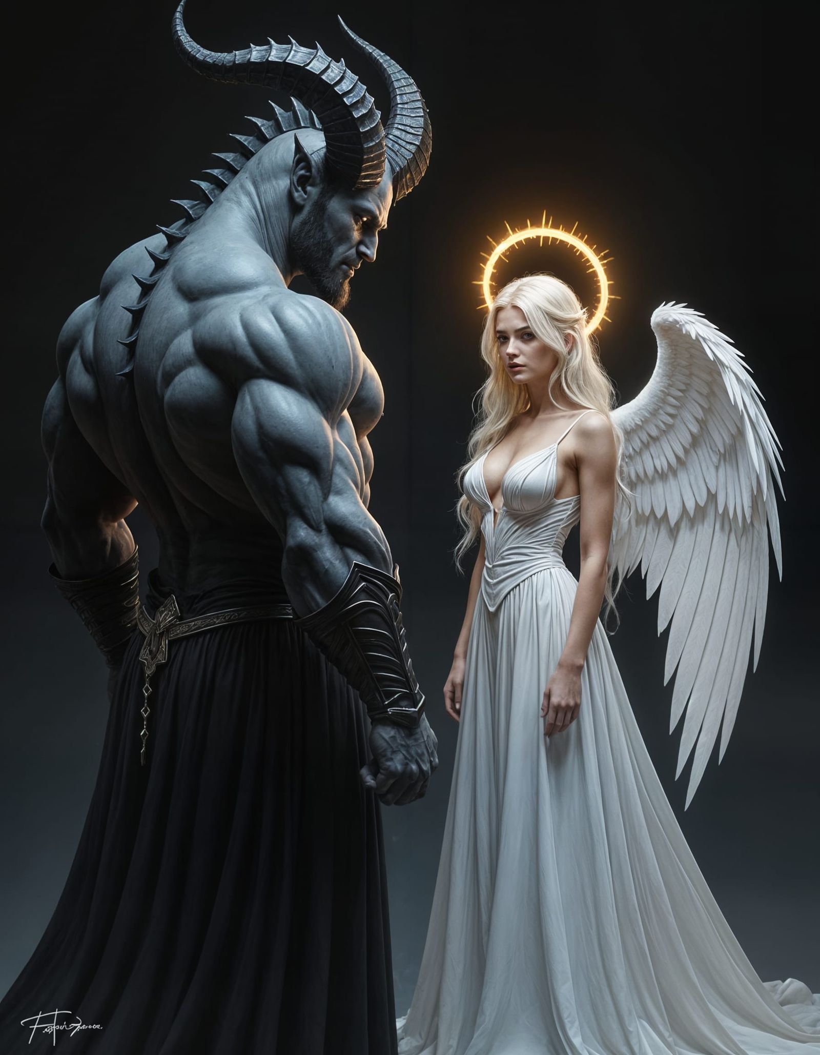 Demon and Angel Confrontation in Dark Digital Painting