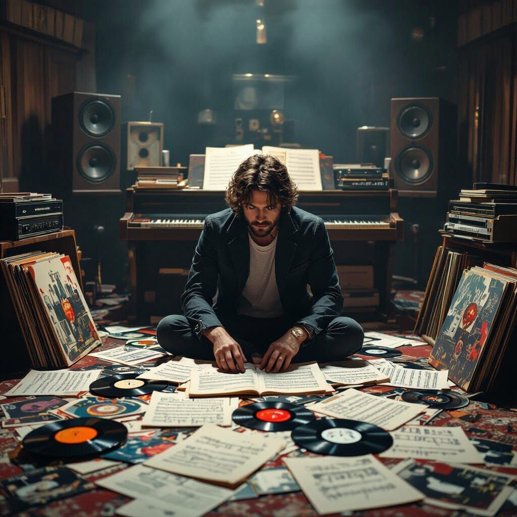 Musician in Recording Studio: Retrofuturistic Syd Mead Style