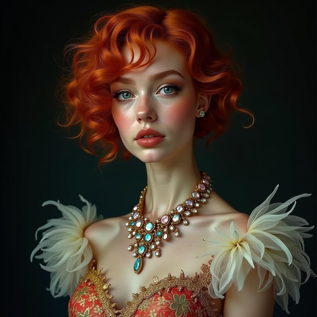 Vibrant Woman in Floral Gown, Art Nouveau Portrait