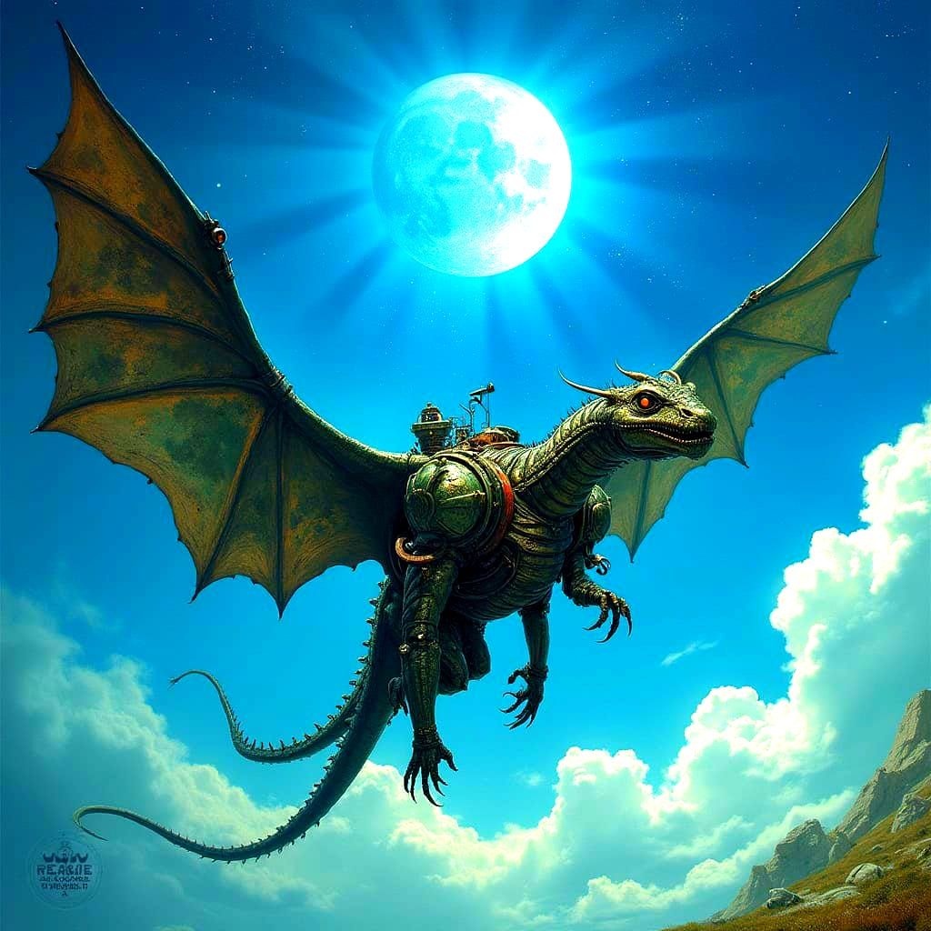 Dragon Soaring Through Steampunk Starry Sky