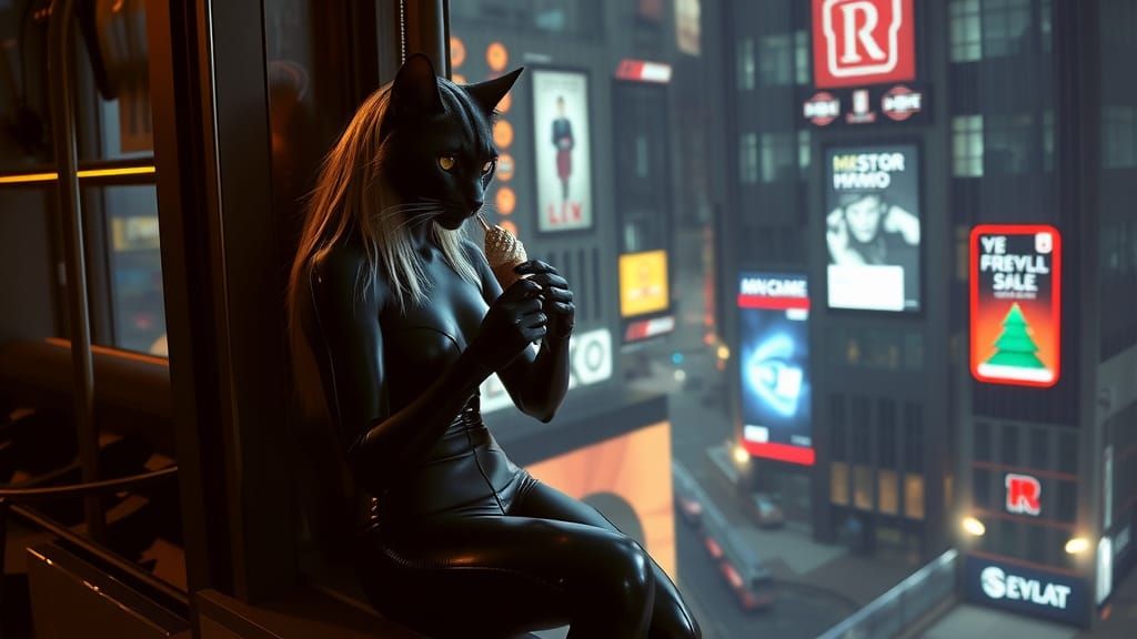 Cyberpunk Catwoman Savoring Ice Cream