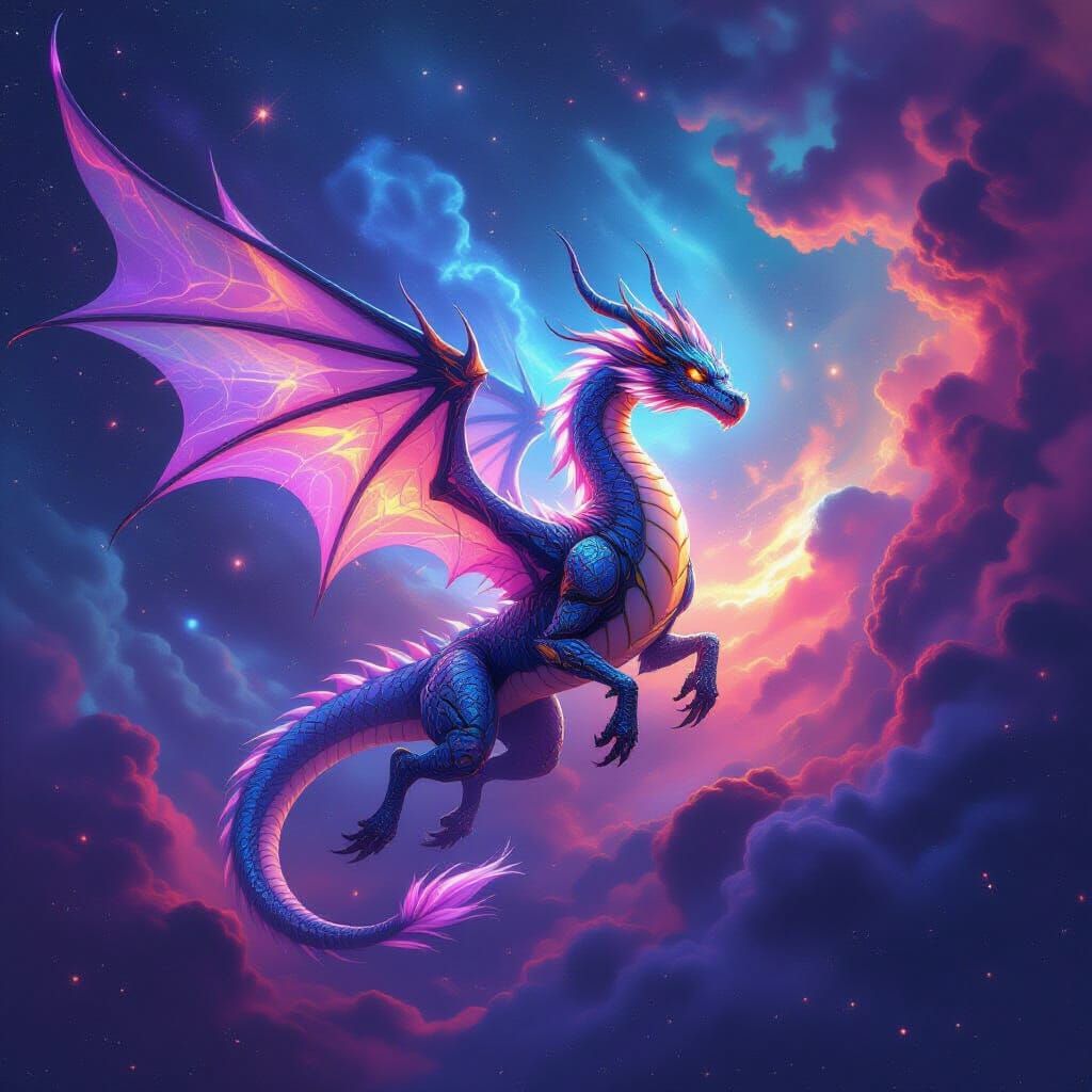 Bioluminescent Dragon Soars Through Colorful Nebula