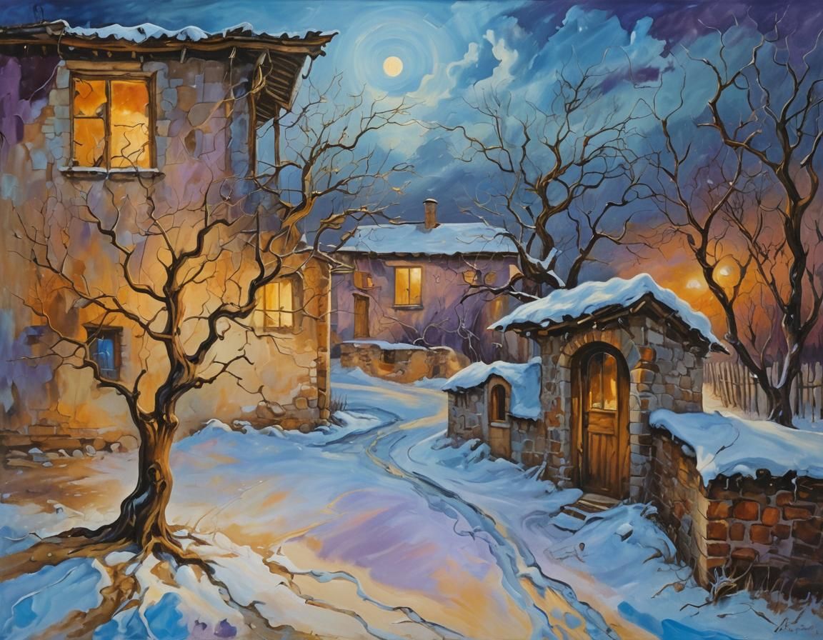 Surreal Winter Landscape with Melting Architecture in Oil