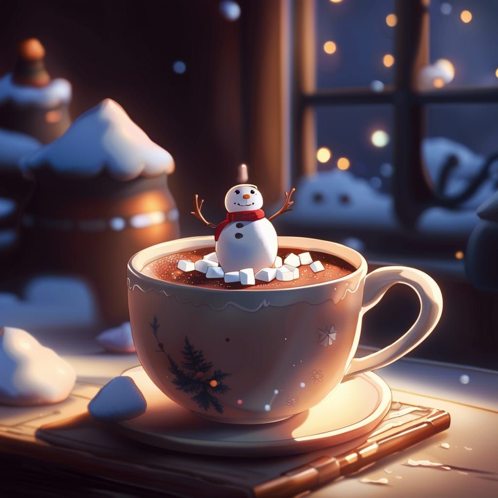Hot Chocolate with Snowman Marshmallows in Anime Style