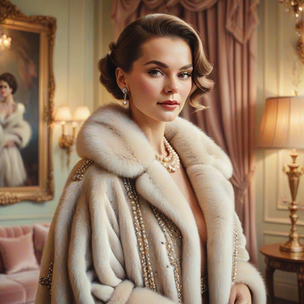Glamorous Woman in Fur Coat, Oil Painting Style