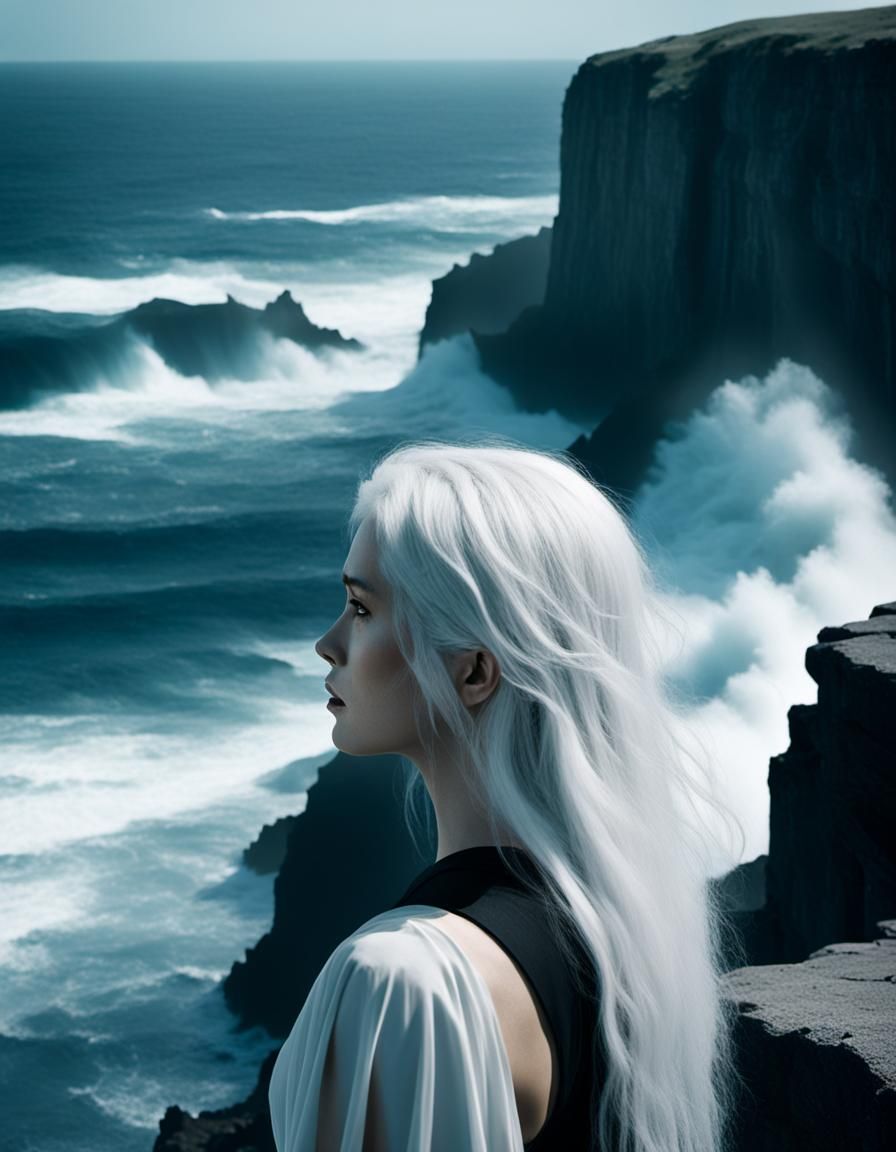 Woman at Cliff's Edge in Atmospheric Film Still