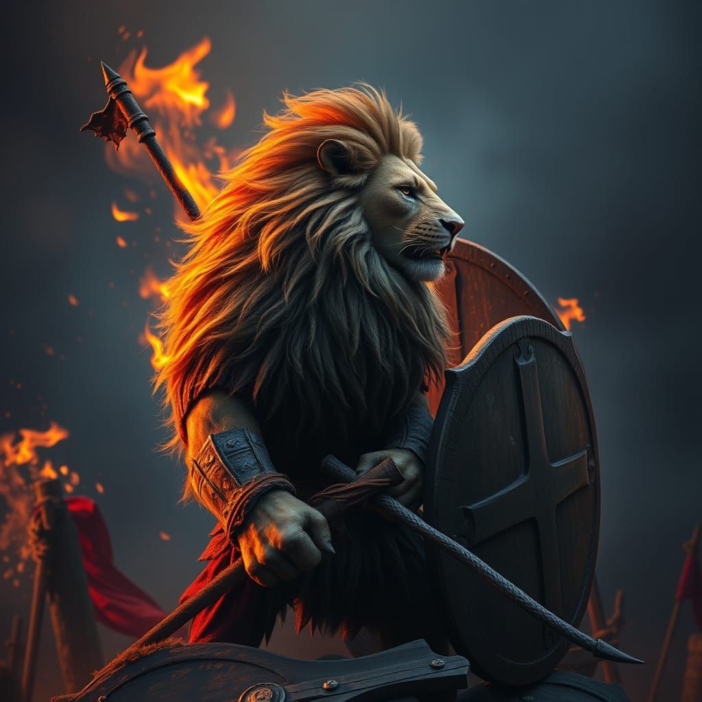 Realistic Viking Warrior Lion Amidst Blazing Inferno
