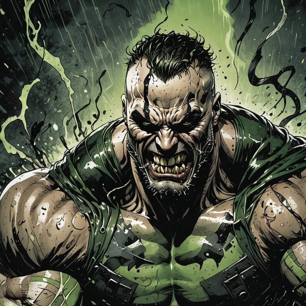 Bane Flexing Muscles with Venom in Comic Book Art