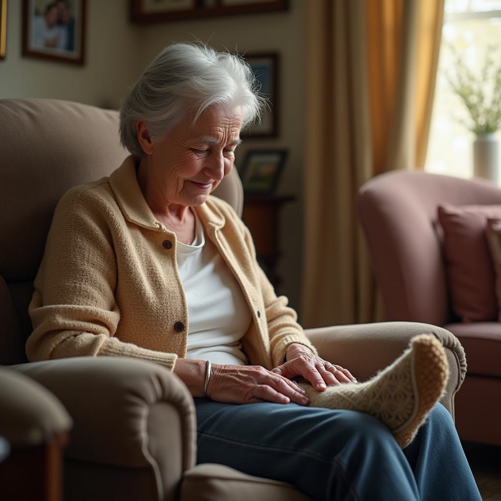 Elderly Woman Finds Relief from Foot Pain in Cozy Living Roo...