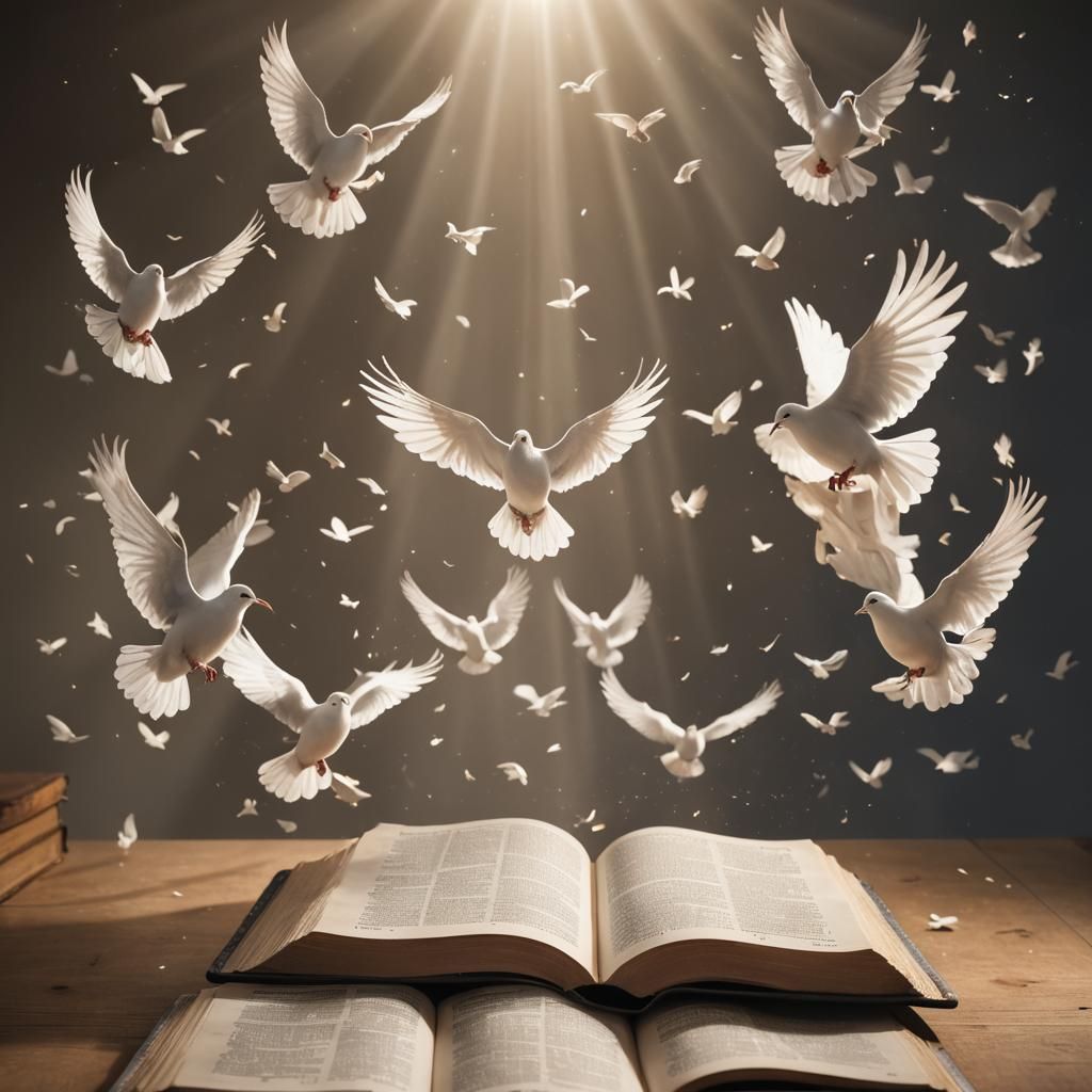 Glowing Bible with Doves in Flight