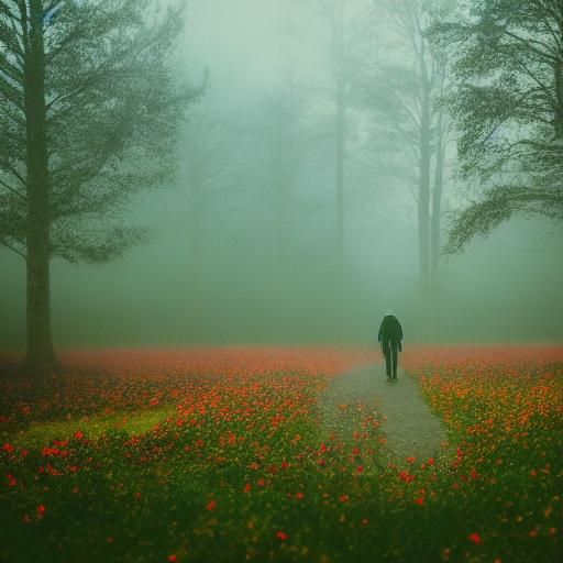 Misty Dawn Landscape with Flowers and Walker