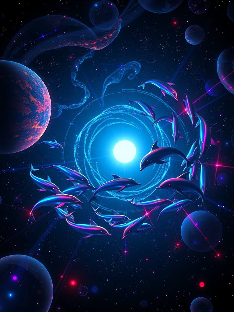 Dolphins in Cosmic Harmony - Iridescent Bioluminescent Swirl