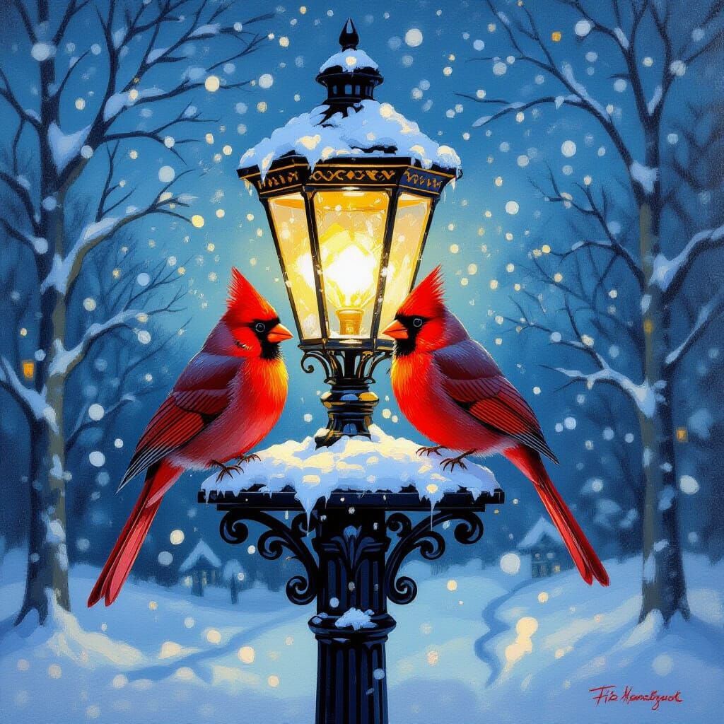 Festive Cardinals on Snowy Winter Night Lamp Post