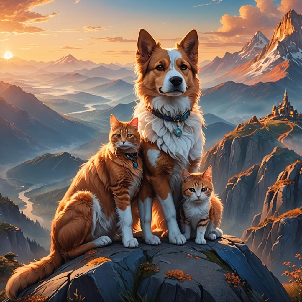 Dog and Cat on Mountain Peak: Fantasy Art