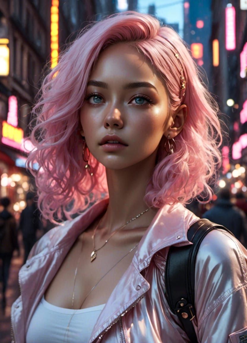 Anime Woman with Pink Hair in Neon City