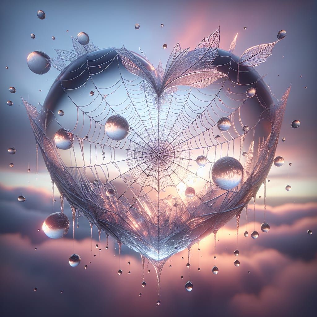 Frosted Glass Heart Spiderweb with Dewdrops