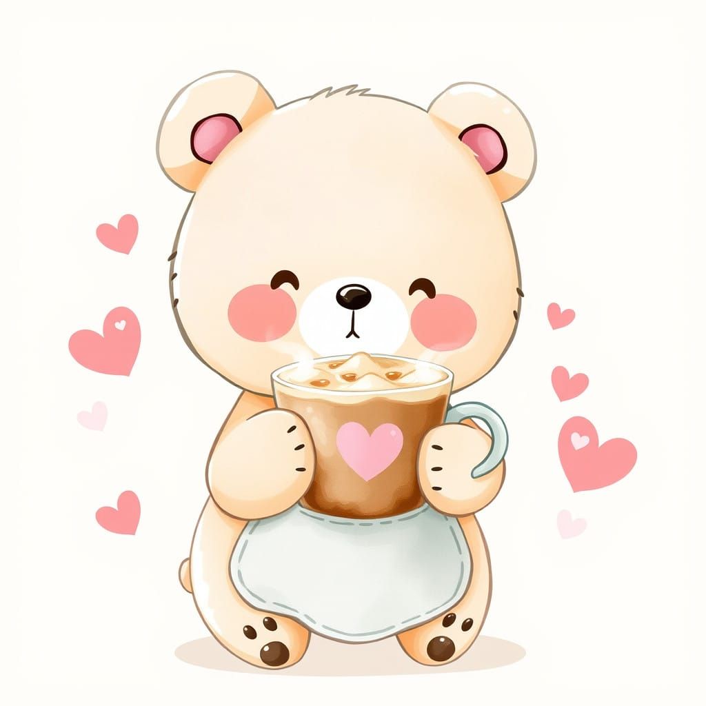 Whimsical Pastel Bear Sips Iced Coffee Hearts
