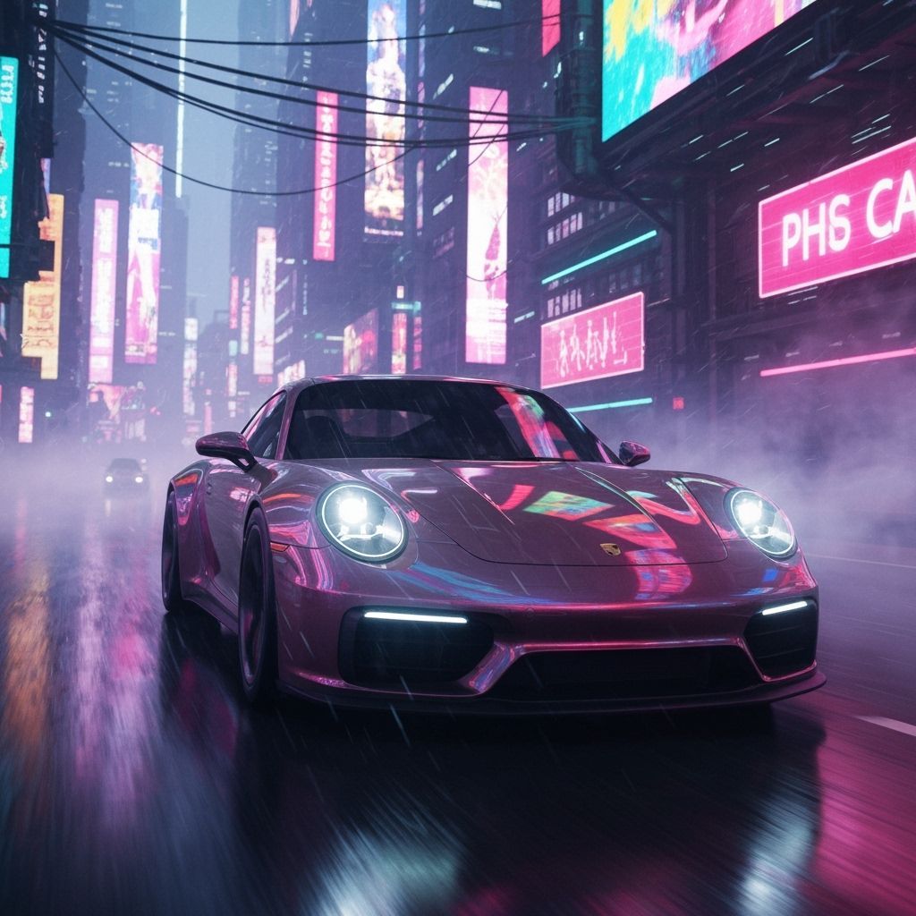 Futuristic Porsche Races Through Neon Cyberpunk Cityscape