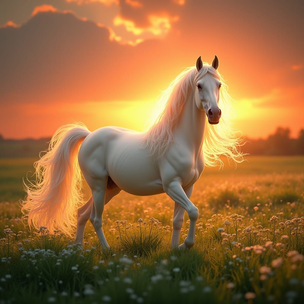 Majestic White Stallion in Sunset Landscape