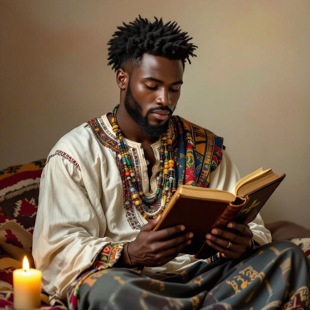 Contemplative African Man Reading by Candlelight