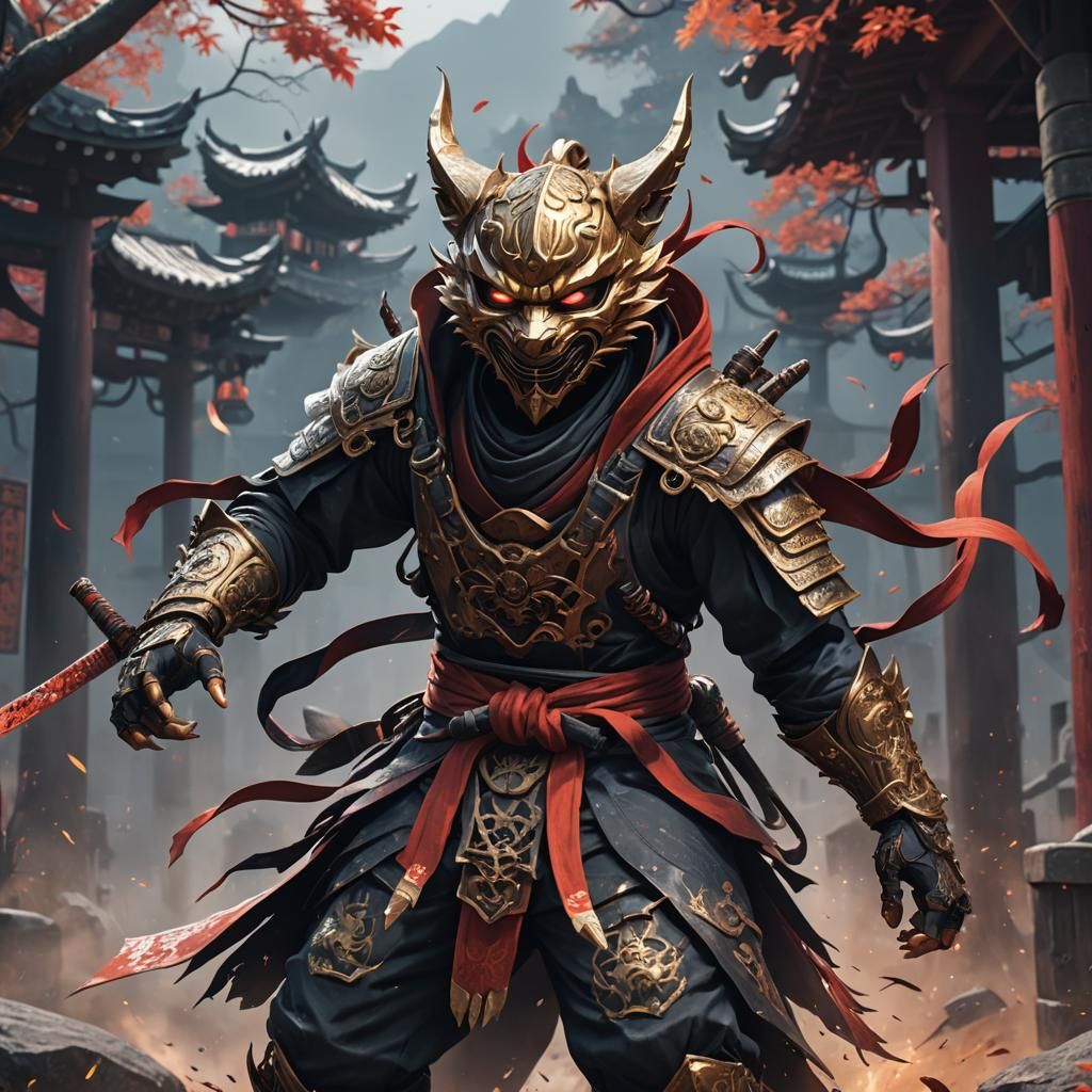 Ninja with Kitsune Mask and Oni Horns