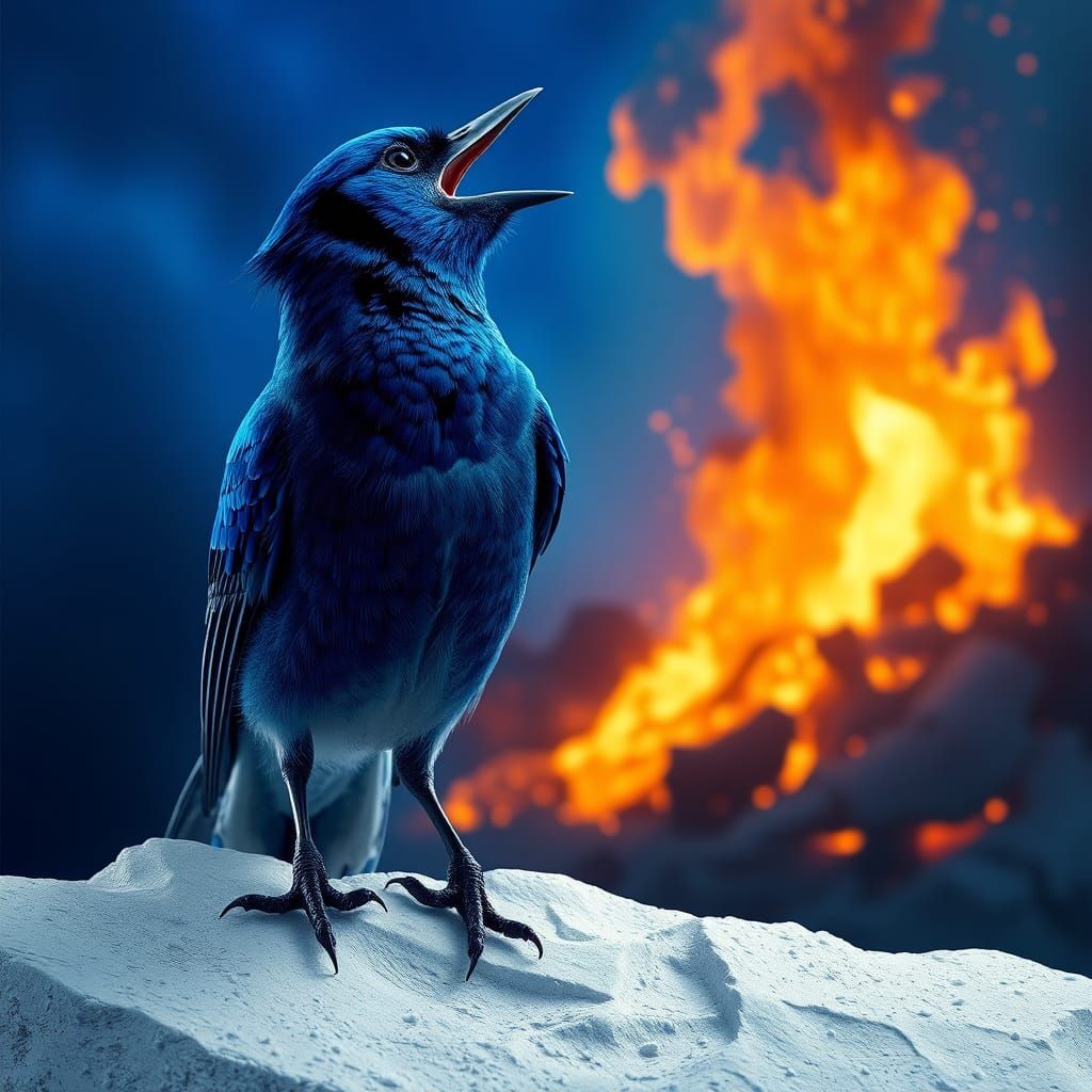 Blue Jay Screams Against Fiery Sky in Art Nouveau Style