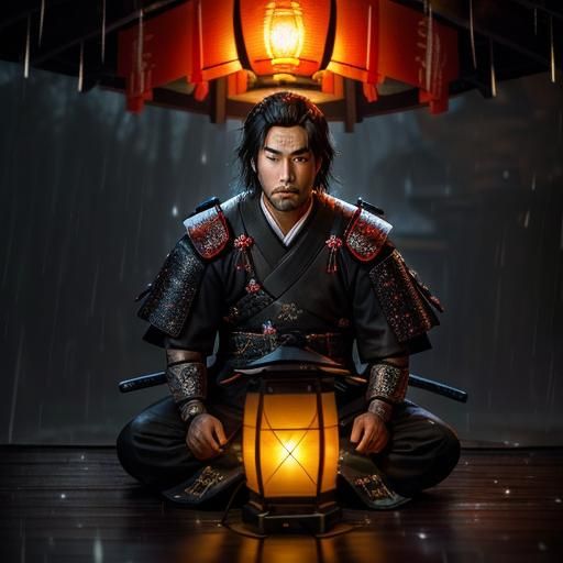 Samurai in Rainy Scene with Lantern, Film Grain Effect