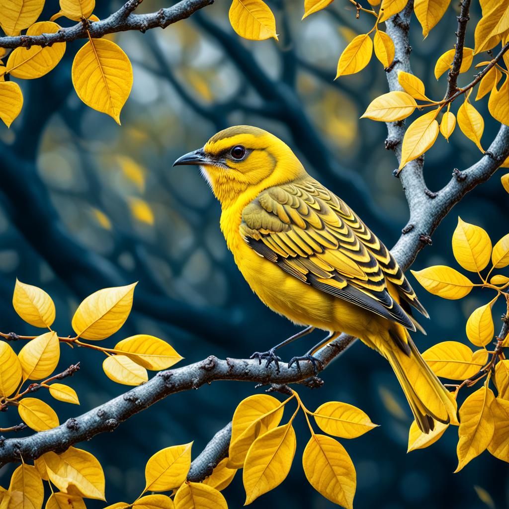 Vibrant Yellow Bird on a Yellow Tree