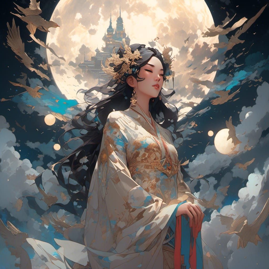 Moonlit Asian Goddess Portrait in Digital Art Style