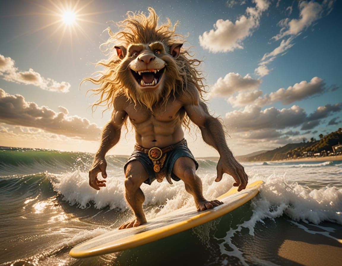 Grunge Troll Surfs Tropical Waves in Cinematic Style