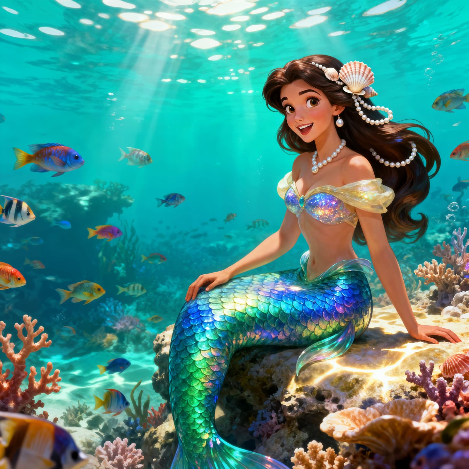 Gorgeous Princess Belle as a Mermaid by the Ocean
