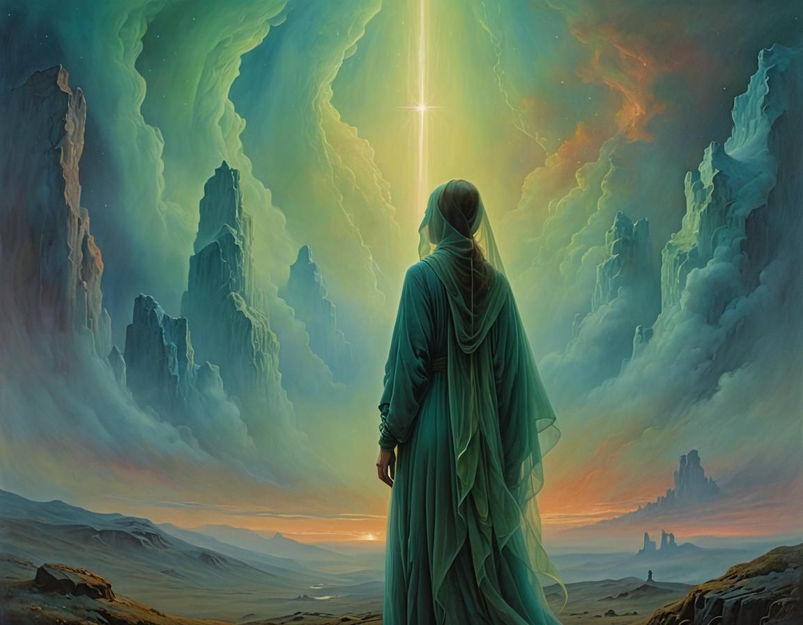 Surreal Woman Between Realms, Beksiński Style