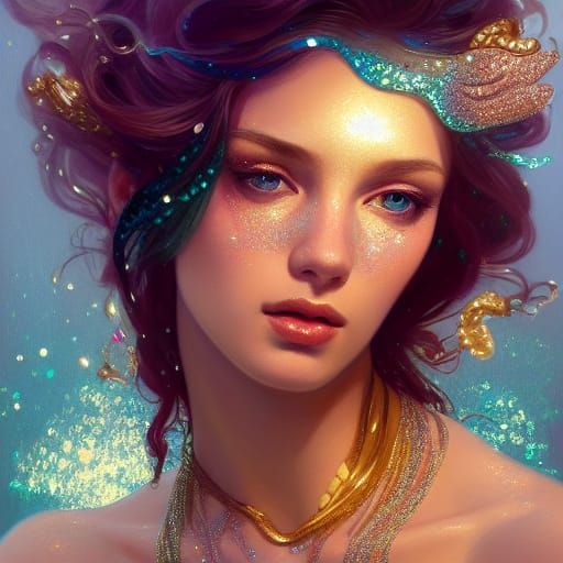 Glittering Mermaid Portrait in Art Nouveau Style