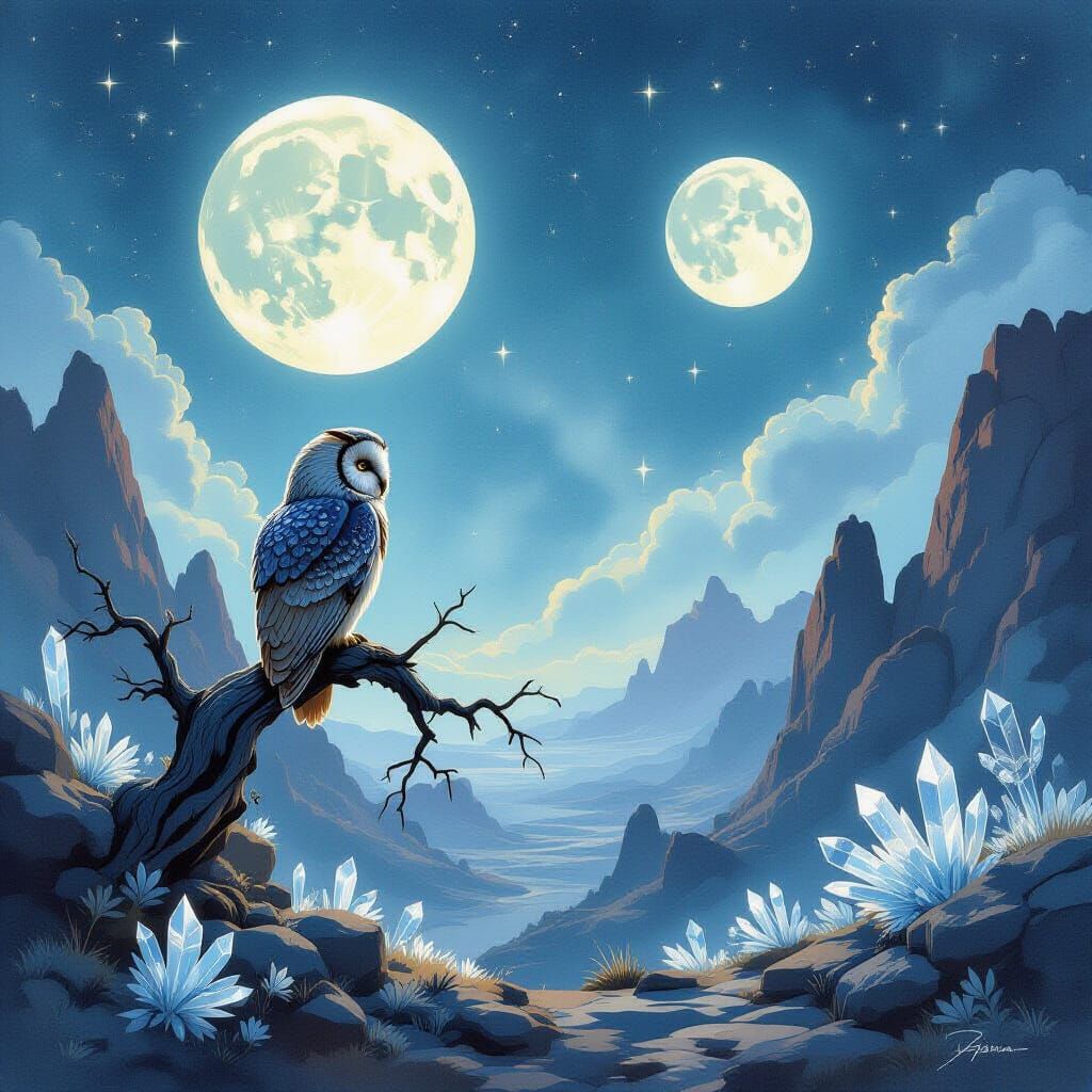 Ancient Owl on Alien World Under Twin Moons