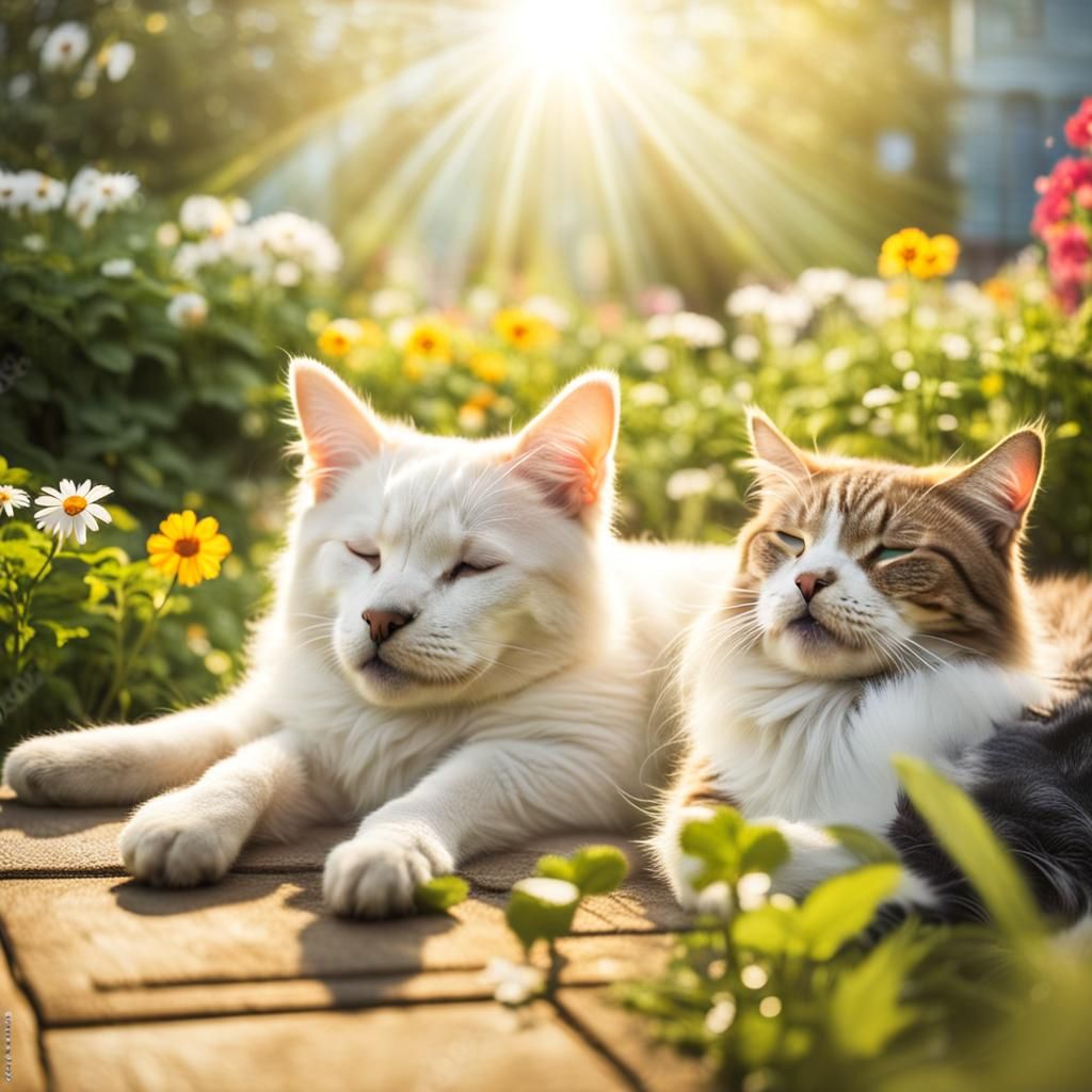 Cat and Dog Sleeping in Sunny Garden